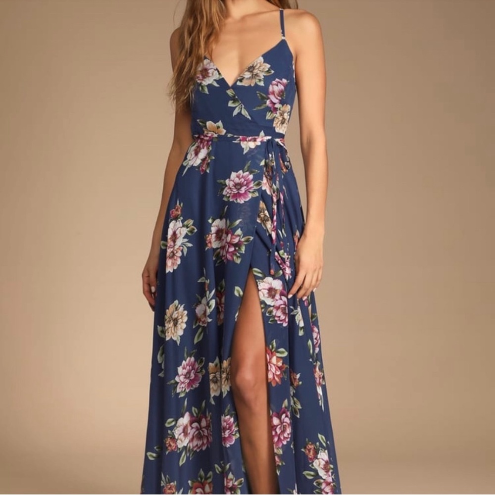 Lulus Always There For‎ Me Navy Blue Floral Print Wrap Maxi Dress